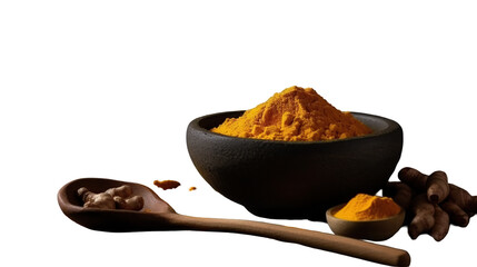 Turmeric powder in a bowl with pieces of roots
