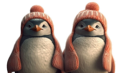 Two adorable penguins wearing matching knitted hats