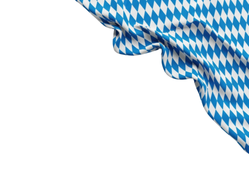 Precisely draped blue and white diamond checkered textile, referencing Bavarian flag, soft folds, transparent background with copy space, flat lay, Bavarian Oktoberfest celebration concept