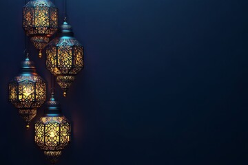 Elegant Islamic Lanterns Hanging Against Dark Blue Background