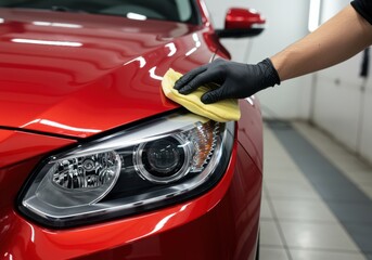 Car detailing process: Applying wax to a red car's hood with a microfiber cloth.