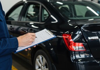 Mechanic filling out paperwork next to a black car