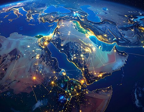 A high-angle, detailed view of the Middle East and surrounding regions, illuminated by city lights, highlighting international connections.