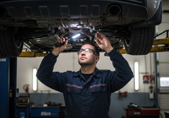 Mechanic inspecting a car's undercarriage with a flashlight in a repair shop.
