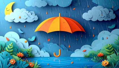 A vibrant, colorful illustration of a rainy day scene, featuring an umbrella amidst paper-cut clouds, plants, and flowers, evoking a cheerful and playful mood.
