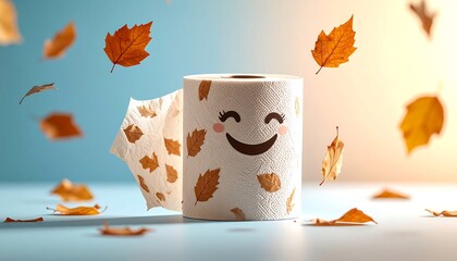 Smiling Tissue Roll with Leaf Design and Autumn Leaves