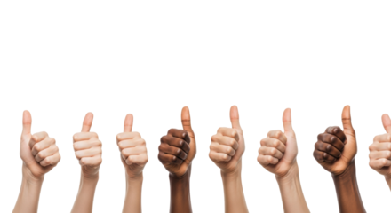 Four to six diverse human hands, various skin tones, clean and manicured, extended with thumbs-up gesture against bright white studio background with copy space. Concept of global unity and inclusion