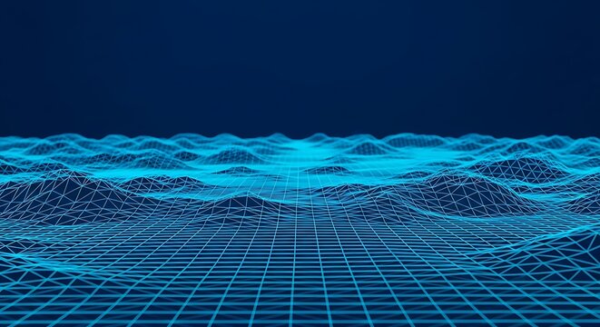 Abstract digital ocean waves with grid overlay blue and teal tones - Powered by Adobe