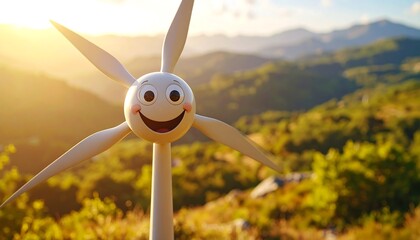 Smiling Wind Turbine on a Hillside with Mountain Backdrop in Sunny Daylight