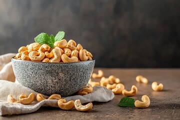 A bowl of cashews with mint leaves on a wooden table