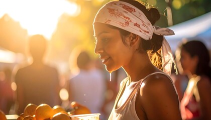 Smiling Woman at Outdoor Market with Orange Juice and Sunny Backlight