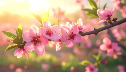 Obraz premium Delicate pink blossoms adorn a branch bathed in warm sunlight, showcasing the beauty of spring's arrival.