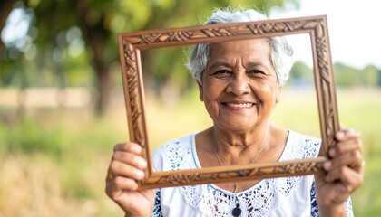 Smiling Woman Holding Decorative Frame Outdoors with Greenery