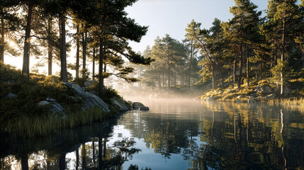 Misty lake at dawn with tall pine trees on the shoreline, golden sunlight filtering through the branches, and calm water reflecting the trees and soft morning fog