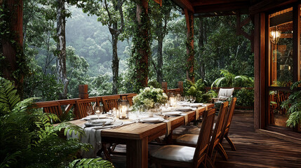 Elegant dinner table set on the deck of a luxurious cabin in a deep green rain forest