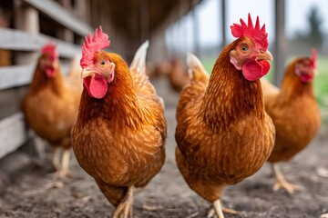 Fototapeta premium Brown hens walking inside a farm poultry barn