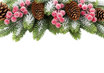 Lush green fir branches dusted with artificial snow, red sugared berries, and natural pine cones on a bright white studio background, elegant winter holiday atmosphere