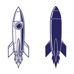 Obraz premium Two simplified blue and white rocket ship illustrations for space exploration and flight