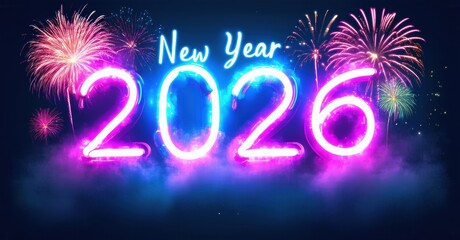 Bright neon numbers display year 2026. Fireworks illuminate dark background, creating festive mood. Celebration imagery present.