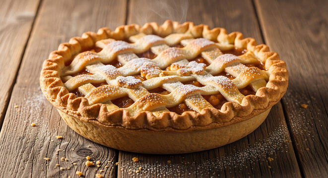 Freshly baked pie with lattice crust sprinkled with powdered sugar sits steaming on a rustic wooden surface inviting a sweet treat