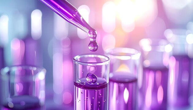A close-up of laboratory glass with a dropper adding a purple liquid. Blurry background shows vials - Powered by Adobe