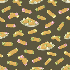 A delicious seamless vector pattern of hand-drawn cannoli. The design features the classic Italian pastries with different fillings on a textured dark background