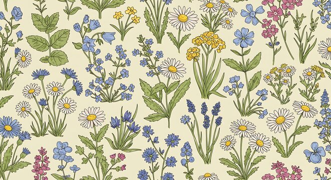 Floral pattern of wildflowers daisies forget me nots seamless design - Powered by Adobe