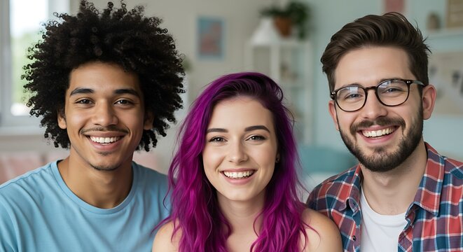 Diverse group of smiling friends posing together indoors - Powered by Adobe