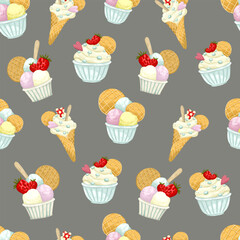 A delightful seamless vector pattern of hand-drawn Italian ice cream. This sweet design features various ice cream cones and sundaes, perfect for fabric prints, packaging