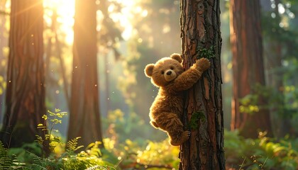 A teddy bear climbs a tree trunk in a sunlit forest, showcasing a peaceful and playful scene.