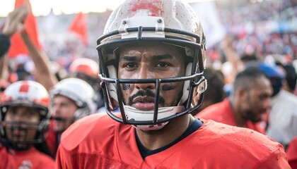 Football Player in Helmet Looking Directly at Camera with Intense Expression
