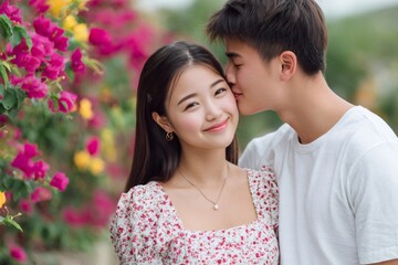 Obraz premium Asian young couple showing romance and affection in garden