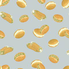 A delicious seamless vector pattern of hand-drawn Italian pastries and desserts. The design features maritocco and cannoli with different cream fillings on a textured light gray background