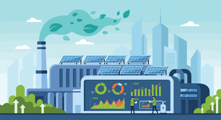 Modern factory with solar panels and a digital dashboard, representing green energy and industry