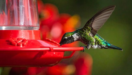 A hummingbird, vibrant with emerald and sapphire hues, hovers delicately above a red feeder, its wings a blur of motion as it sips nectar.