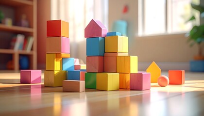 Colorful wooden building blocks arranged in a playful display on a polished wooden floor, casting soft shadows.