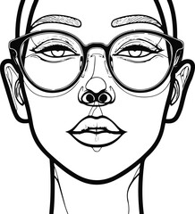 Black Bold outline with white background, Continuous line art of sunglasses on abstract face