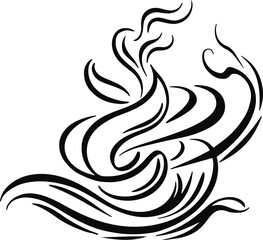 Black Bold outline with white background, Line art of coffee beans with steam rising in abstract style.