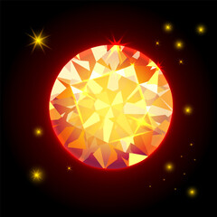 Glowing golden faceted precious stone with radiant light on dark background. Bright symbol of wealth, glamour and elegance, shining jewel for decoration and art