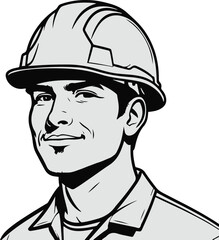 Black Bold outline with white background, Minimal outline art of a construction worker with helmet 1