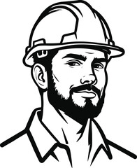 Black Bold outline with white background, Minimal outline art of a construction worker with helmet 2