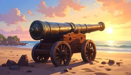 A large, antique cannon rests on a sandy beach at sunset, overlooking the calm ocean waves.