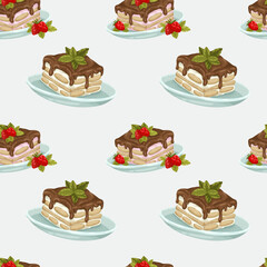 A delicious seamless vector pattern of hand-drawn tiramisu. The design features pieces of the classic Italian dessert on plates with strawberries 