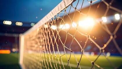 Soccer Goal Net with Dramatic Lighting and Stadium Background
