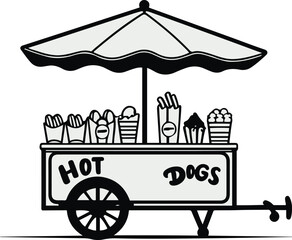 Obraz premium Black Bold outline with white background, Simple outline of street food cart with snacks 1.