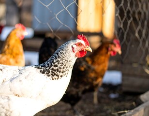 Chickens behind wire fence