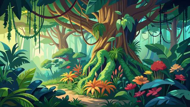 Lush jungle scene with ancient tree, vines, and tropical flowers on background, tropical jungle atmosphere, tree roots, climbing vines, exotic flowers, vibrant nature, mysterious beauty,