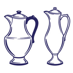 Obraz premium Vintage style illustration of two elegant pitchers outlined in blue against a white background