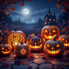 Halloween Pumpkins at Night Decorated with Decoupage Designs