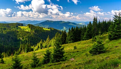 Obraz premium Lush Green Mountain Landscape with Coniferous Forests and Blue Sky.